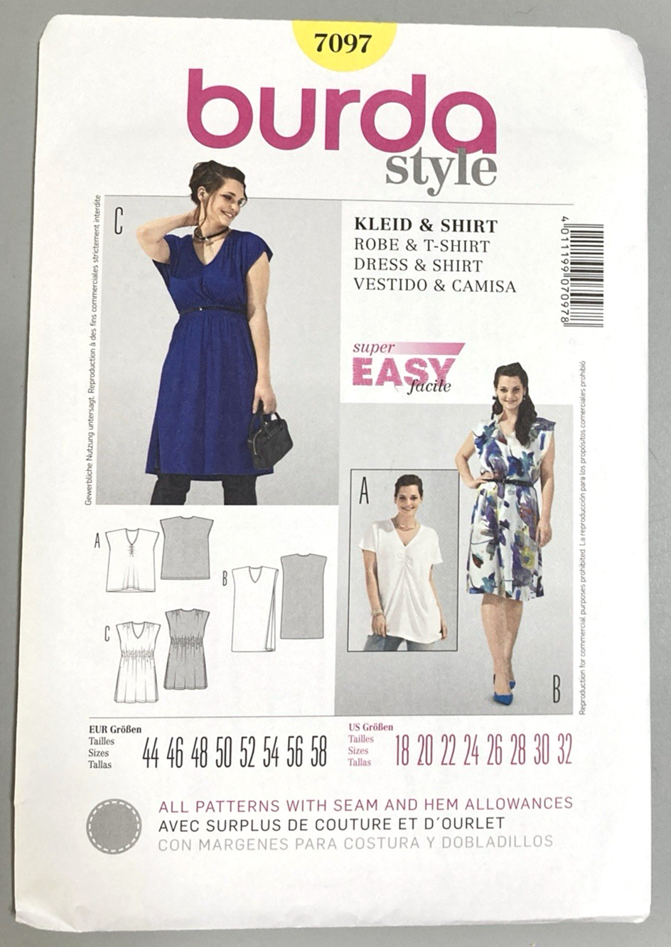 Burda Style 7097 Womens 3 Summer Outfits Dress &Shirt with V-Neck Sz 18-32 UNCUT